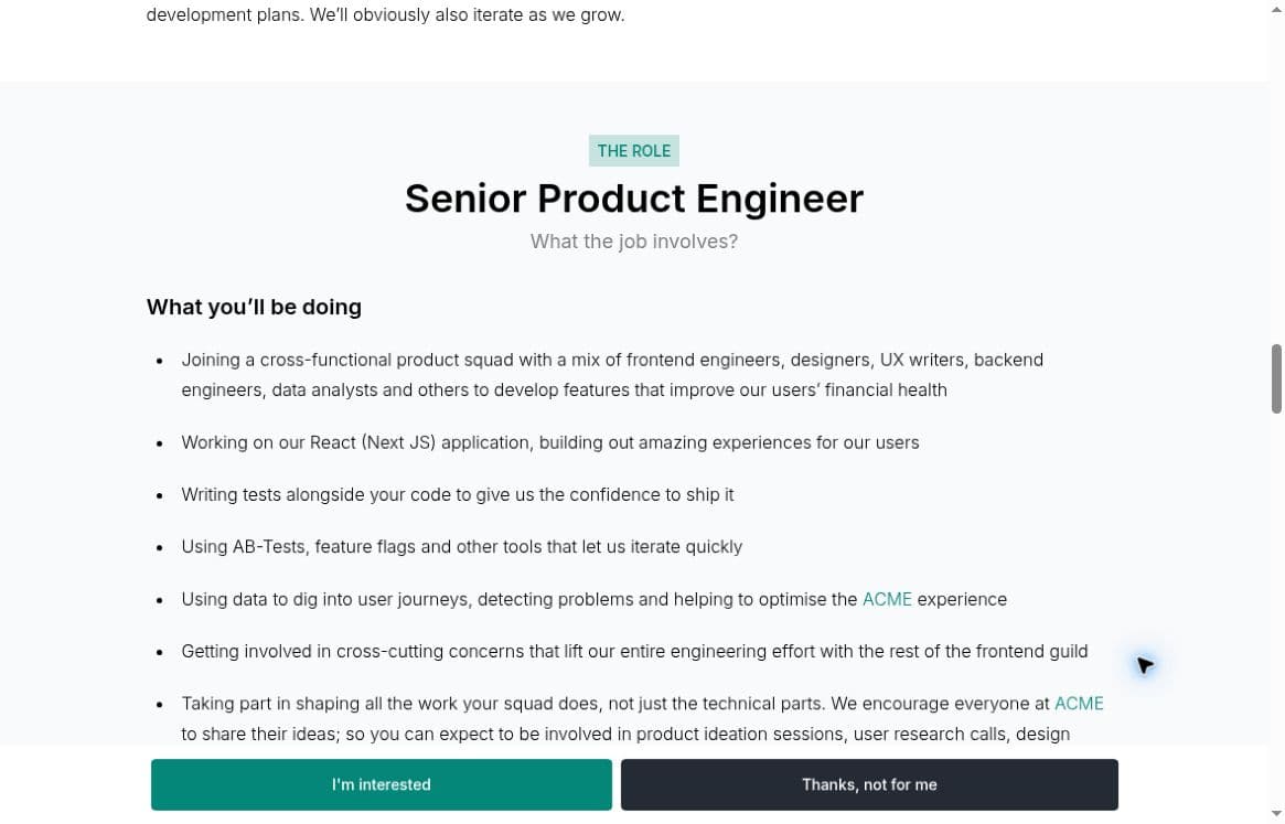 Screenshot of the public Role.so demo showing the Senior Product Engineer role and the Interested and Decline buttons.